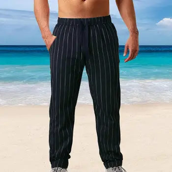 Csíkos mintás hosszú nadrág Függőleges csíkos férfi alkalmi nadrág rugalmas derékpánttal Húzózsinóros zsebek Egyenes láb