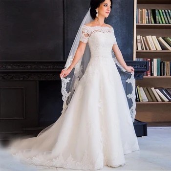 Vintage A-vonalú esküvői ruha vállról rátétekkel menyasszonyi ruha rövid ujjú Sweep vonat Vestido de Novia 2019 Új