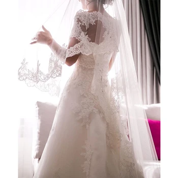 Vintage A-vonalú esküvői ruha vállról rátétekkel menyasszonyi ruha rövid ujjú Sweep vonat Vestido de Novia 2019 Új