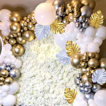 133 darab fehér léggömb koszorú ív szett arany ezüst műpálmalevél esküvő születésnap babaváró party dekoráció