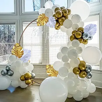 133 darab fehér léggömb koszorú ív szett arany ezüst műpálmalevél esküvő születésnap babaváró party dekoráció