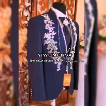 Luxus esküvői vőlegény Tuxedos csillogó rátétek gyöngyök férfi öltönyök 3 darab báli parti férfi öltöny egyedi gyártású blézerek jelmez homme