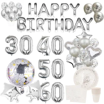 Ezüst 30 40 50 60. születésnapi party Léggömb Eldobható étkészlet Felnőtt boldog születésnapot évforduló party dekorációs kellékek