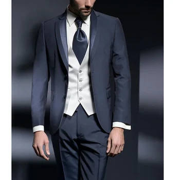 Balzer öltönyök férfiaknak Sötétkék elegáns ruhák Dzseki nadrág mellény Terno háromrészes divat Luxus Slim Fit egyedi készítésű jelmez