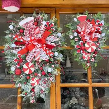 Door Swag karácsonyi piros-fehér dekoratív swag cukorkával Karácsonyi koszorúk az ünnepi téli falra Bejárati ajtó palástja