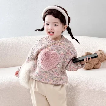Lányok kerek nyakú pulóver Téli édes szerelem színes felsők kötött pulóver gyermek női baba csíkos koreai divatpulóver