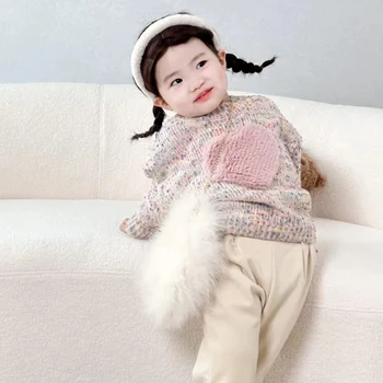 Lányok kerek nyakú pulóver Téli édes szerelem színes felsők kötött pulóver gyermek női baba csíkos koreai divatpulóver