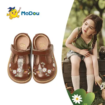 Mo Dou lány bőrcipő Marhabőr puha csúszásmentes Szép hímzés Virágok hercegnő Kis cipő Hangulatos lélegző óvoda