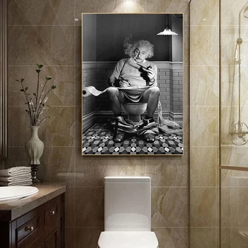 Einstein WC-n ül Újságplakát olvasása Fekete fehér fotóvászon Festészet Fali művészet Kép Fürdőszoba Lakberendezés
