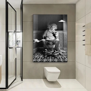 Einstein WC-n ül Újságplakát olvasása Fekete fehér fotóvászon Festészet Fali művészet Kép Fürdőszoba Lakberendezés