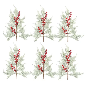 6Db Karácsonyi részek Piros bogyós gyümölcsök Szárak Fenyőágak hóval 19Inch matt műcédrus spray-k Mesterséges karácsonyi fenyőfa