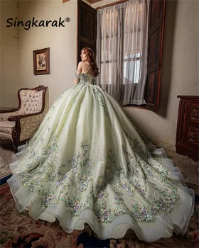 Zsálya zöld hercegnő kedvesem Quinceanera ruha vállról rátétes csipke Tull Vestidos De 15 Anos báli ruha édes 16. bál