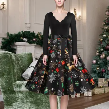 Téli karácsonyi ruhák Női lányok Vintage Elegáns Party ruha Hosszú ujjú alkalmi mintás ruha fekete