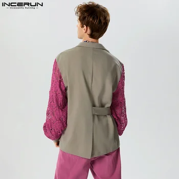 Fashion Men Blazer csipke patchwork hajtóka hosszú ujjú gomb Férfi alkalmi öltönyök fűző fel 2023 Streetwear vékony kabátok S-5XL INCERUN
