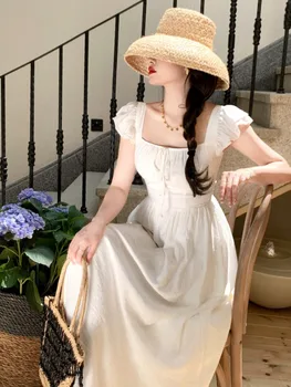 Francia szögletes galléros női nyári midi ruha divat esti party tömör repülő ujjú vintage elegáns csipke Vestidos női köntös