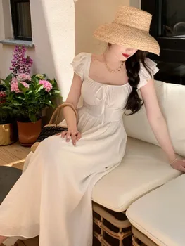 Francia szögletes galléros női nyári midi ruha divat esti party tömör repülő ujjú vintage elegáns csipke Vestidos női köntös