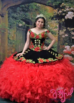 Red Charro Quinceanera ruhák báli ruha le a vállról Organza rátétek fodrok puffadt mexikói édes 16 ruha 15 Anos