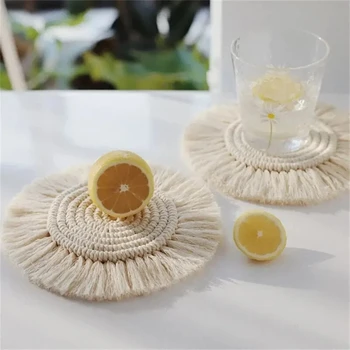 Kerek pamutfonat poháralátét bojt tányér tányéralátét kézzel készített Macrame csésze párna Bohémia stílusú csúszásmentes csésze szőnyeg Kávéfőző asztal dekoráció