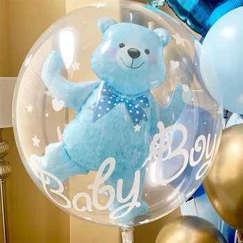 24inch Kislány kék rózsaszín buboréklabda labdában Mackó léggömb fiú 4D medve fólia léggömbök születésnapi babaváró dekorációk gyerekjátékok