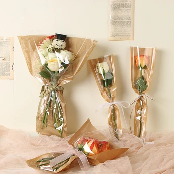 50db Kreatív újság nátronpapír Egyvirágos táskák Barna átlátszó OPP táska Virágok csomagolása Ajándék virág csomagolópapír