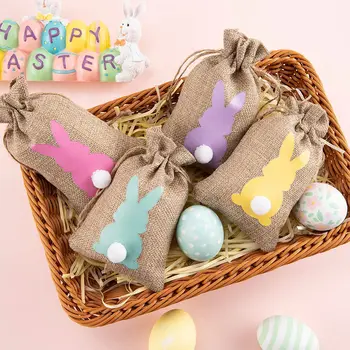 6PCS Húsvéti nyúl nyuszi mintás vászontáskák Tavaszi húsvéti parti dekoráció Otthoni cukorka sütik Szövettáskák Húsvéti gyerekek szívességei