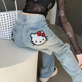 Hello Kittys Jeans Sanrios Kawaii lány szív rajzfilm nyomtatás laza kényelmes őszi téli magas derék egyenes nadrág lány ajándék