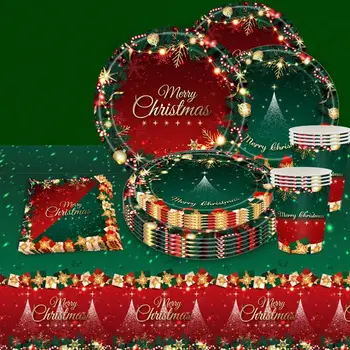 Boldog karácsonyt Theme Party Eldobható étkészlet készletKlasszikus és kreatív 117 db/készlet Papírtányérok szalvéták csészék terítő