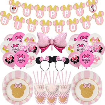 Disney Minnie egér 1. lány Boldog születésnapot dekoráció Eldobható parti kellékek Tányér csésze szalvéta terítő Babaváró KIds Favor