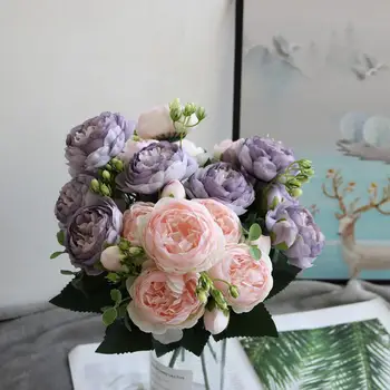 1/3DBS 30cm Rózsaselyem bazsarózsa művirág csokor 5 nagy fej és 4 bimbó Olcsó hamis virágok otthoni esküvői dekorációhoz