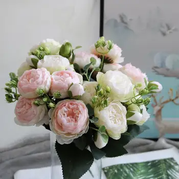 1/3DBS 30cm Rózsaselyem bazsarózsa művirág csokor 5 nagy fej és 4 bimbó Olcsó hamis virágok otthoni esküvői dekorációhoz