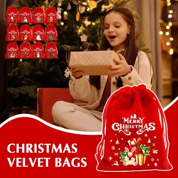 5db piros karácsonyi dekorációs ajándéktáska bársony vidám tasak Mikulás cukorka húzózsinóros snackek karácsonyi táskák csomagolás ékszerek xm Y5P8