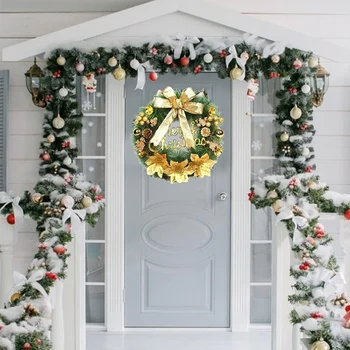 Karácsonyi koszorúk bejárati ajtóhoz - Karácsonyi ajtókoszorú téli mesterséges karácsonyi koszorú dekoráció íjvirágokkal