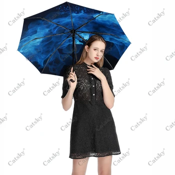 Blue Flame Fantasy Fire Umbrella Rain Women 3-összecsukható teljesen automata esernyők Napvédő kültéri utazási eszköz Parapluie