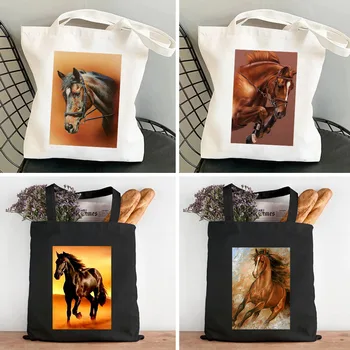 Vad szellemlovak olajfestmény fehér fekete barna ló naplemente női vászon váll vásárló táskája pamut bevásárló kézitáskák