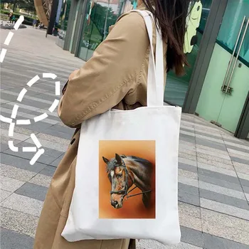 Vad szellemlovak olajfestmény fehér fekete barna ló naplemente női vászon váll vásárló táskája pamut bevásárló kézitáskák