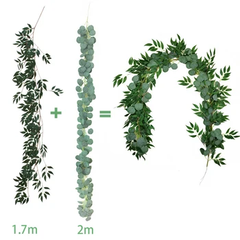 2m Mesterséges növények Zöld levelek Hamis eukaliptusz rattan koszorú szőlő otthoni esküvői partihoz Kert fali függő dekoráció