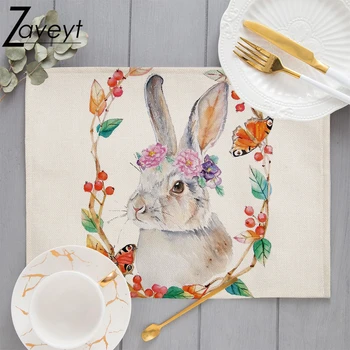 Húsvéti tojás virág koszorú nyomtatás vászon tányéralátét húsvéti dekoráció rajzfilm nyúl étkezőszőnyeg kockás asztalszőnyeg szövet asztali pad