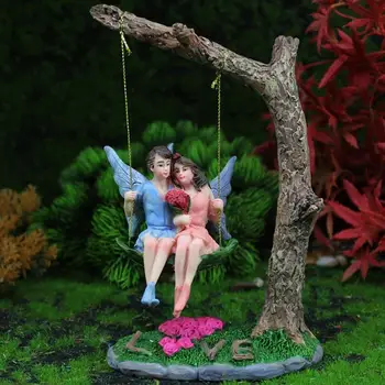 Tündér pár figurák lengő lógó szárnyas virág tündér szerető szoborház Babaház figurális szobor DIY tündérkerthez