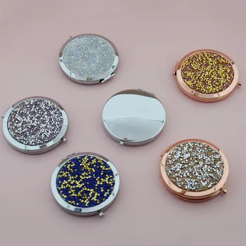 Strassz kristály kerek sminktükör hordozható mini zseb kétoldalas kozmetikai kompakt tükör arany ezüst kis mosdótükör