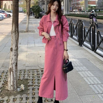 Női tavaszi őszi érlelési készletek 2023 Koreai hölgy kecses karcsú farmerdzseki szoknyák Kétrészes öltönyök Divatos tömör kabát ruhák