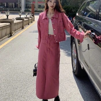 Női tavaszi őszi érlelési készletek 2023 Koreai hölgy kecses karcsú farmerdzseki szoknyák Kétrészes öltönyök Divatos tömör kabát ruhák