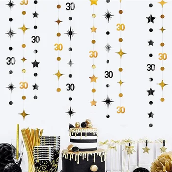 Fekete arany 30. születésnapi dekorációk száma 30 kör pont csillogó csillagkoszorú a boldog piszkos 30 éves harminc parti kellékek