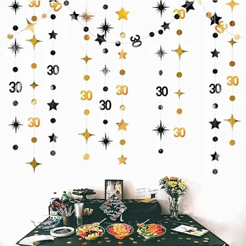 Fekete arany 30. születésnapi dekorációk száma 30 kör pont csillogó csillagkoszorú a boldog piszkos 30 éves harminc parti kellékek