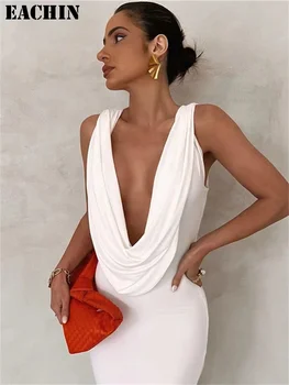 EACHIN lengő gallér ujjatlan bodycon Maxi ruha női nyár Új szexi hát nélküli elegáns partiruhák Clubwear fehér ruhák