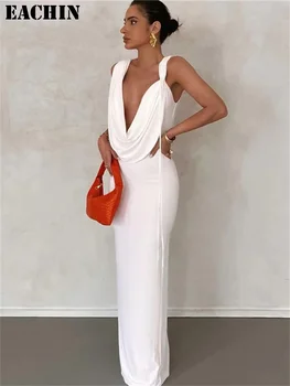 EACHIN lengő gallér ujjatlan bodycon Maxi ruha női nyár Új szexi hát nélküli elegáns partiruhák Clubwear fehér ruhák