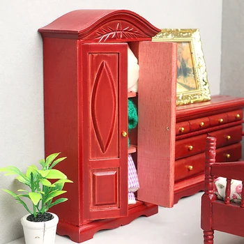 1:12 Babaház miniatűr fa szekrény faragott vintage duplaajtós szekrény bútor modell babaház dekoráció játék kiegészítők
