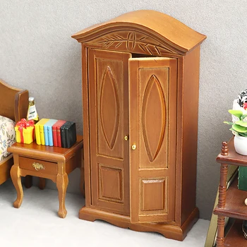 1:12 Babaház miniatűr fa szekrény faragott vintage duplaajtós szekrény bútor modell babaház dekoráció játék kiegészítők