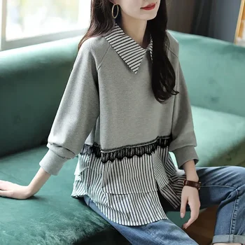 Nők Tavaszi és őszi Koreai stílusú új pólónyakú pulóver Csíkos csipke splicing Lax Hangulatos, rugalmas sokoldalú hosszú ujjú felsők