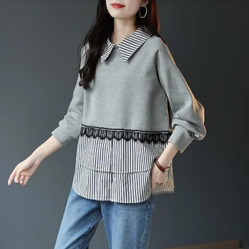 Nők Tavaszi és őszi Koreai stílusú új pólónyakú pulóver Csíkos csipke splicing Lax Hangulatos, rugalmas sokoldalú hosszú ujjú felsők