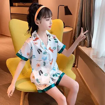 Lány pizsama öltöny nyári vékony hosszú ujjú légkondicionált ruhák gyermek jégselyem felső nadrág 2 részes otthoni ruha LE621